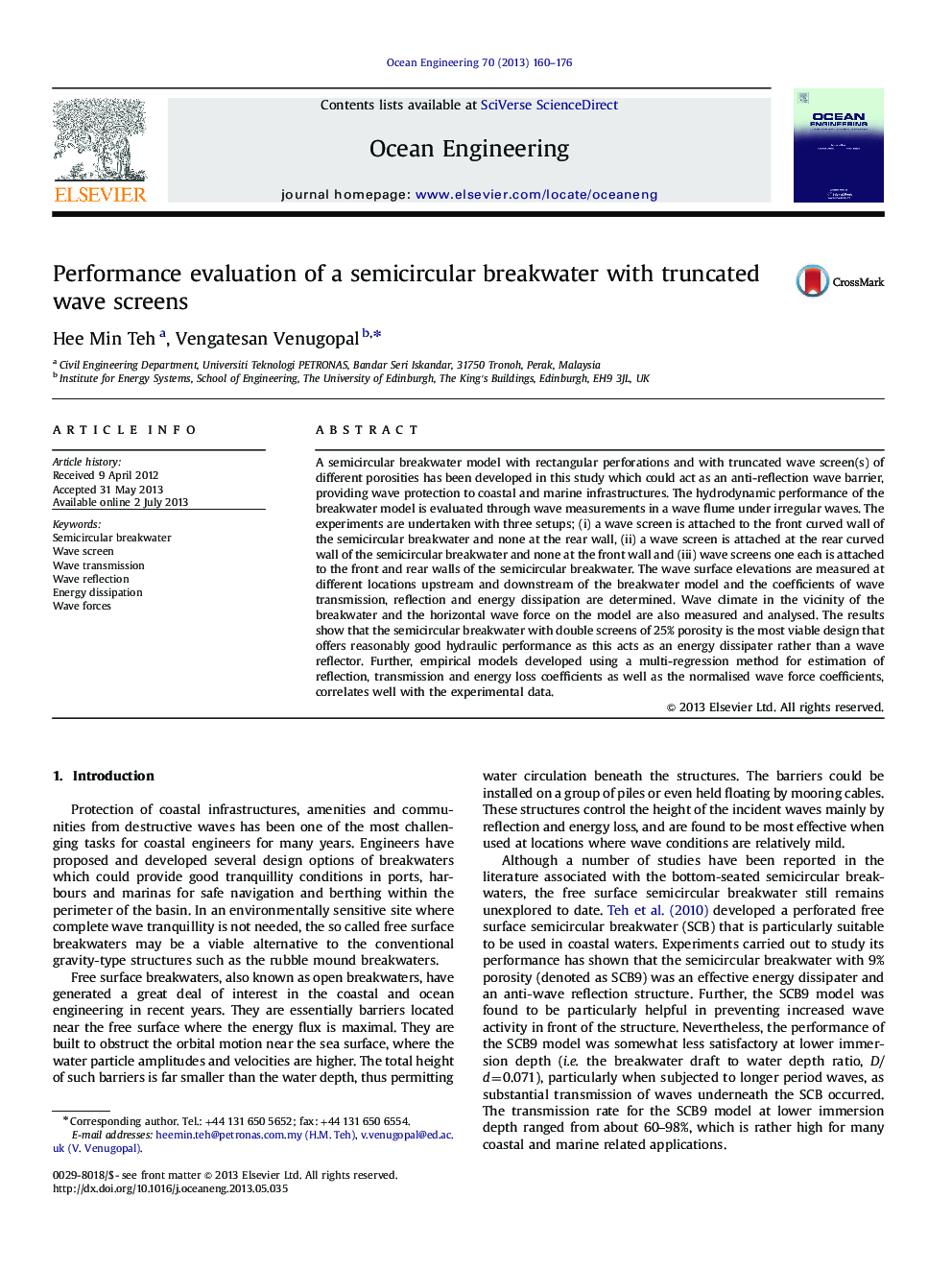 عکس صفحه اول مقاله: Performance evaluation of a semicircular breakwater with truncated wave screens Performance evaluation of a semicircular breakwater with truncated wave screens