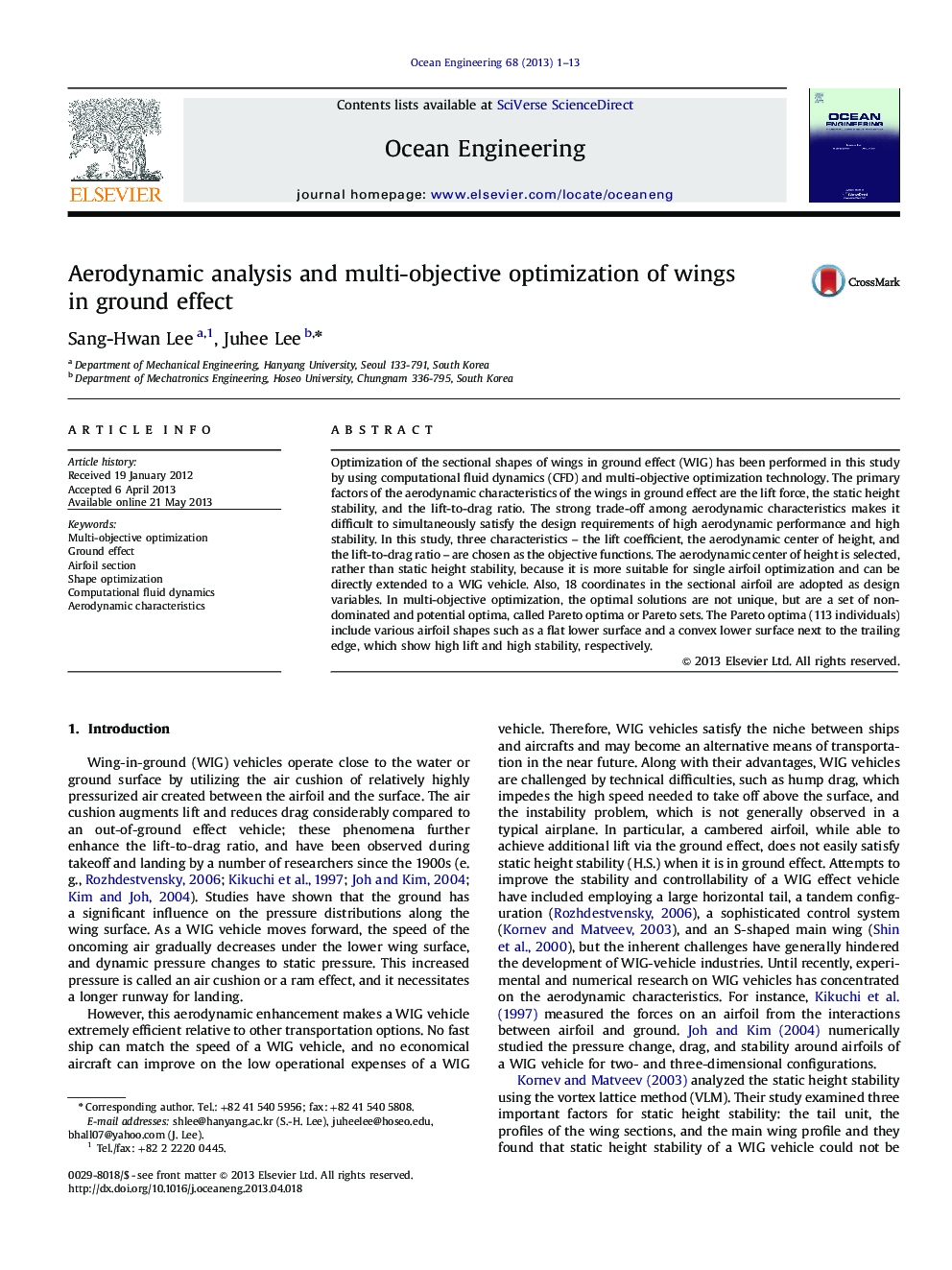 Aerodynamic analysis and multi-objective optimization of wings in ground effect