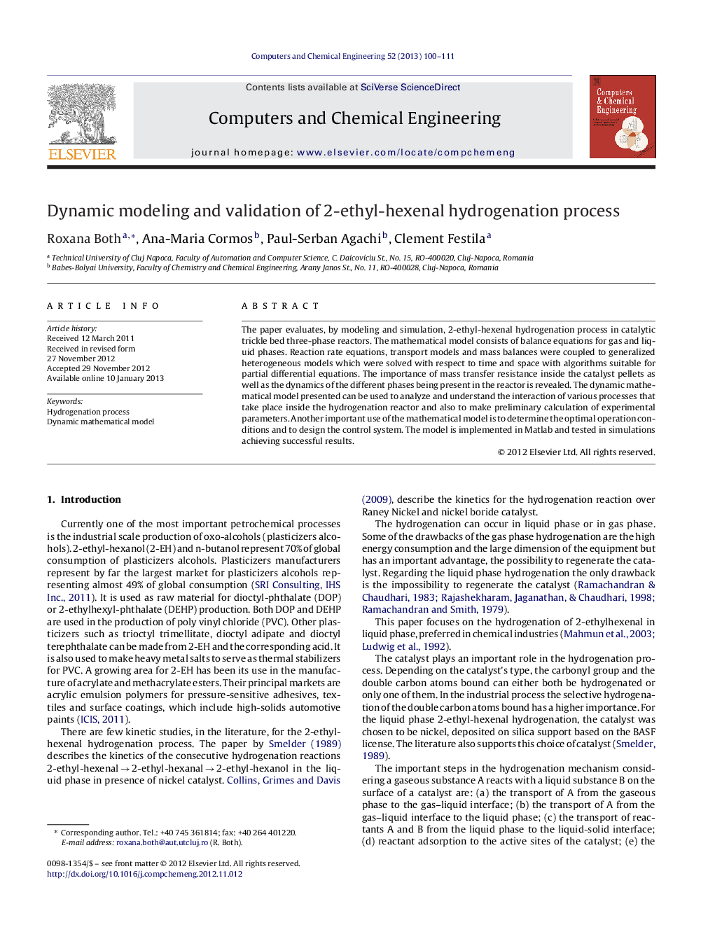 Dynamic modeling and validation of 2-ethyl-hexenal hydrogenation process