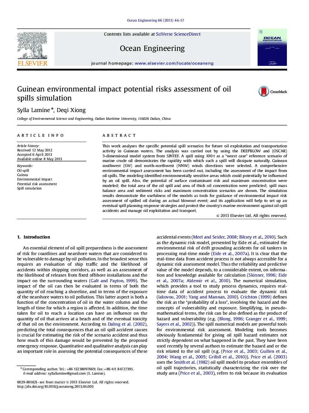 Guinean environmental impact potential risks assessment of oil spills simulation