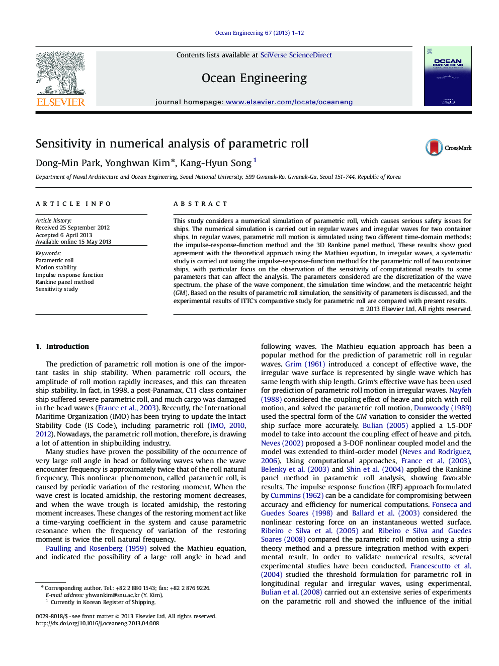 عکس صفحه اول مقاله: Sensitivity in numerical analysis of parametric roll Sensitivity in numerical analysis of parametric roll