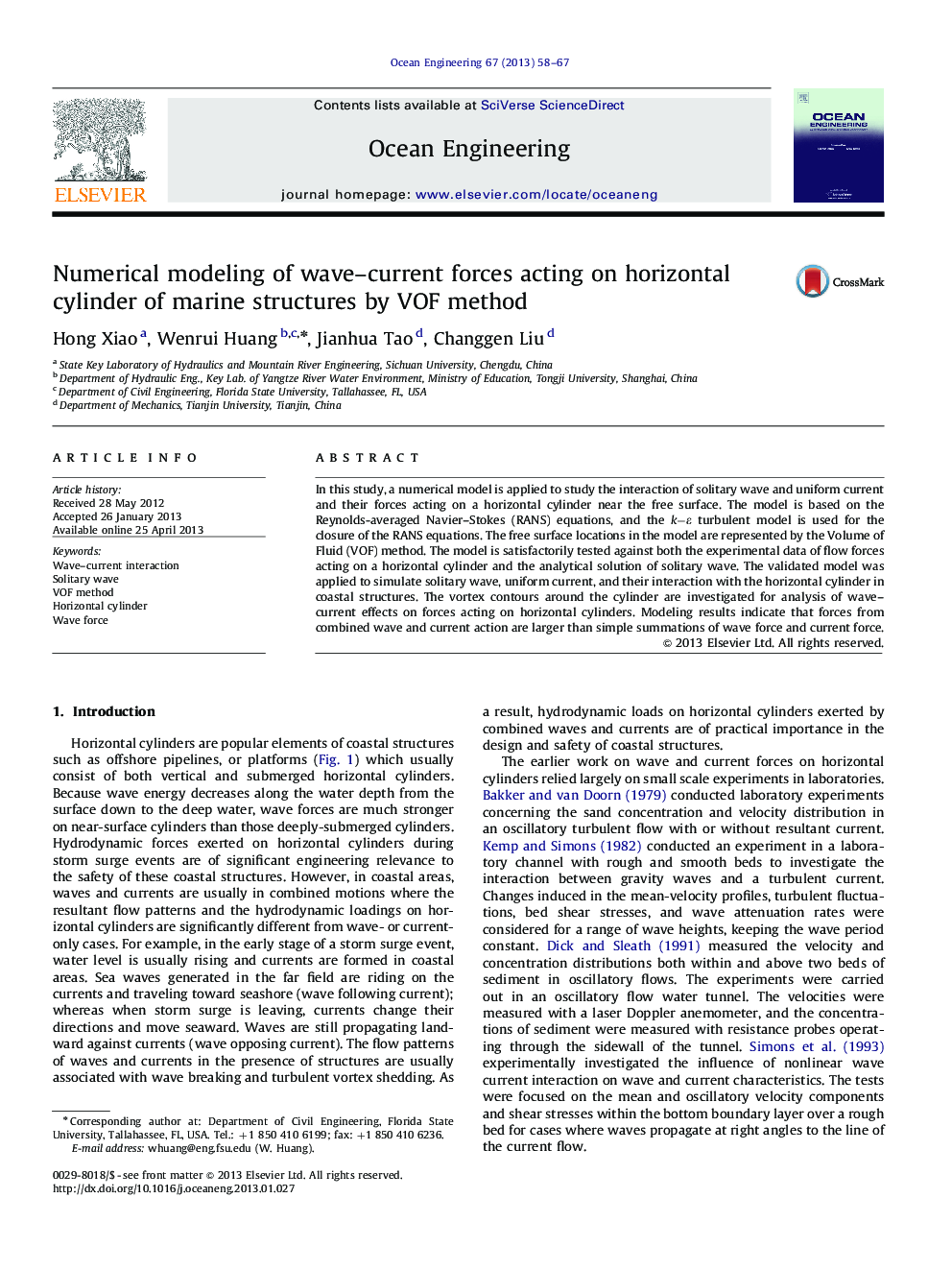 Numerical modeling of wave-current forces acting on horizontal cylinder of marine structures by VOF method