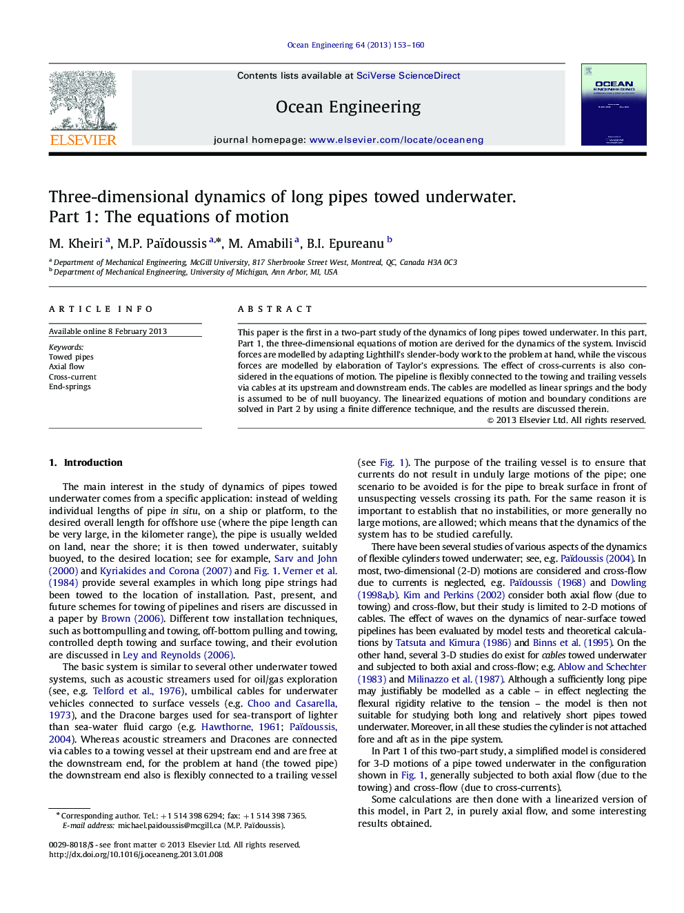 Three-dimensional dynamics of long pipes towed underwater. Part 1: The equations of motion