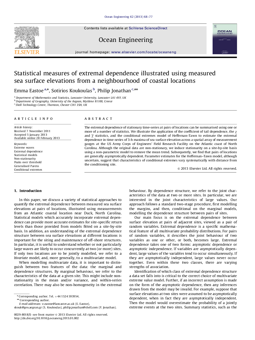 Statistical measures of extremal dependence illustrated using measured sea surface elevations from a neighbourhood of coastal locations