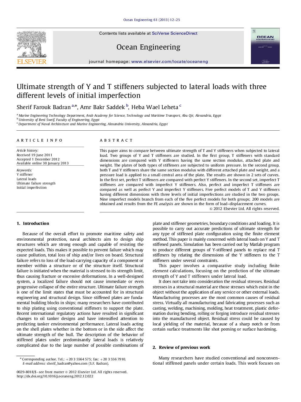 Ultimate strength of Y and T stiffeners subjected to lateral loads with three different levels of initial imperfection