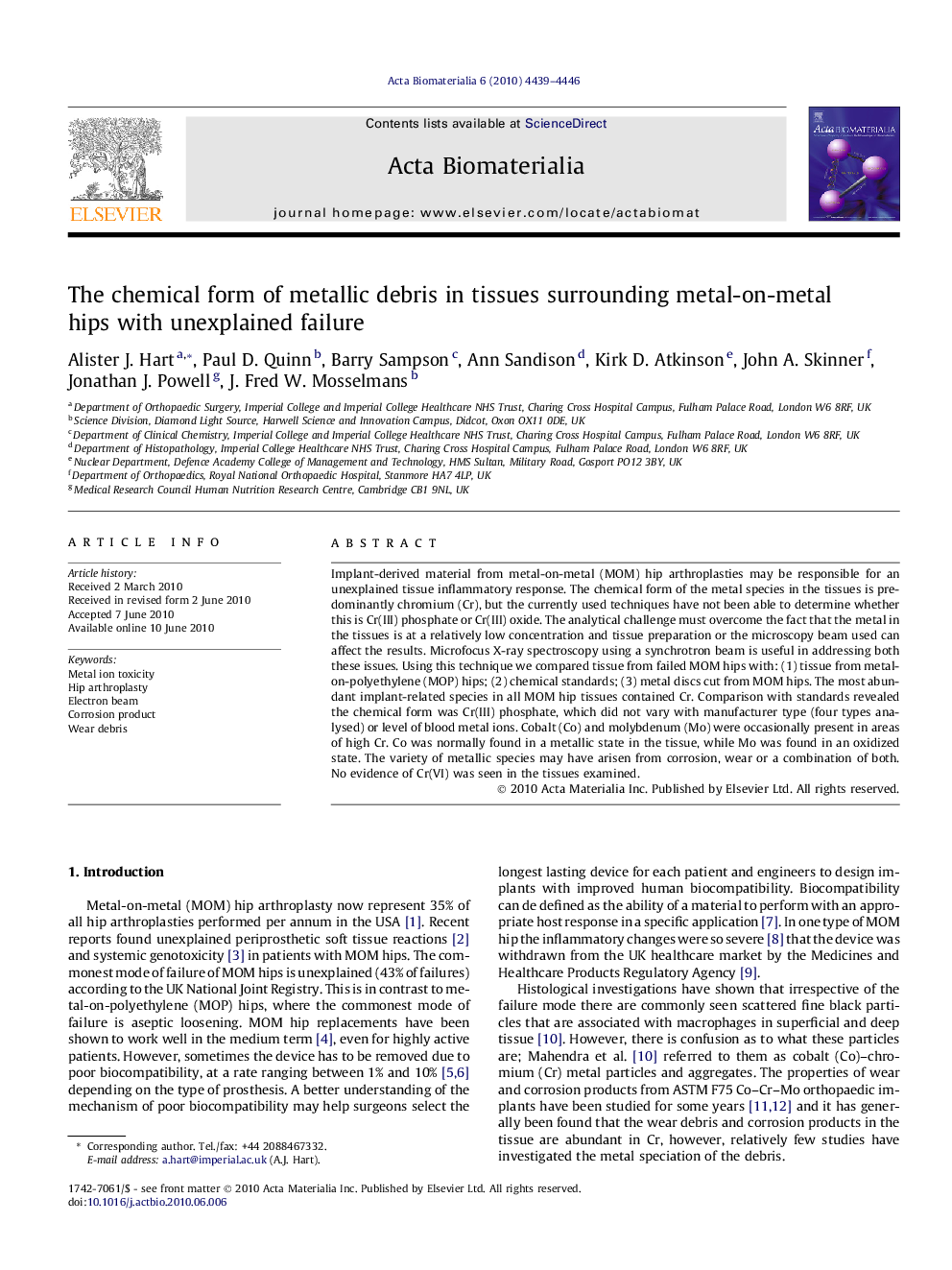 The chemical form of metallic debris in tissues surrounding metal-on-metal hips with unexplained failure