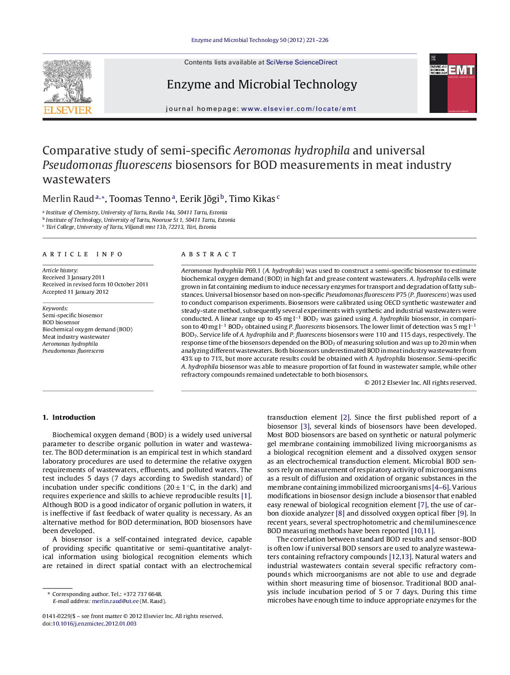 Comparative study of semi-specific Aeromonas hydrophila and universal Pseudomonas fluorescens biosensors for BOD measurements in meat industry wastewaters