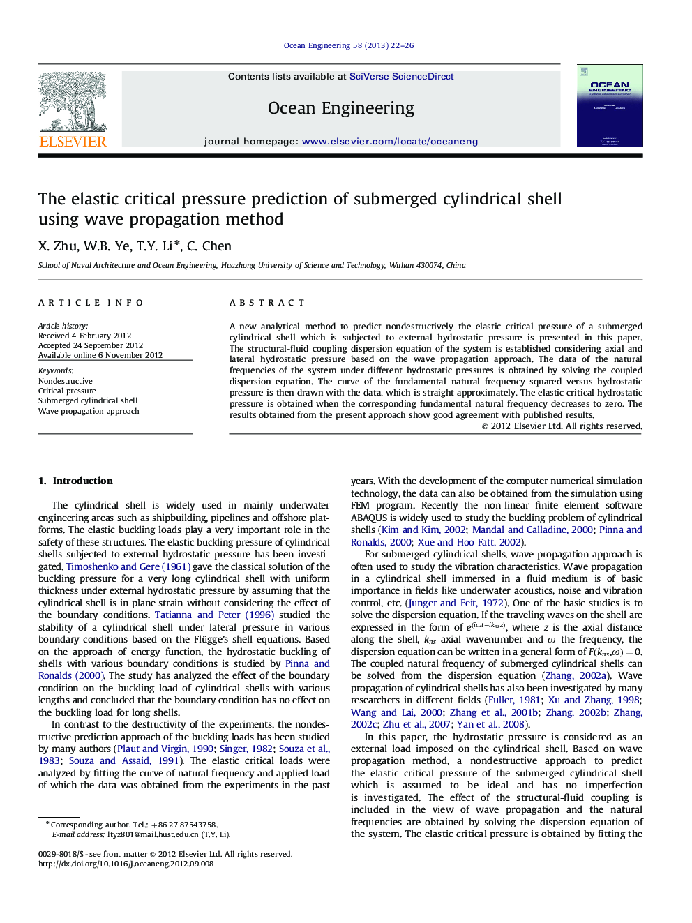 The elastic critical pressure prediction of submerged cylindrical shell using wave propagation method