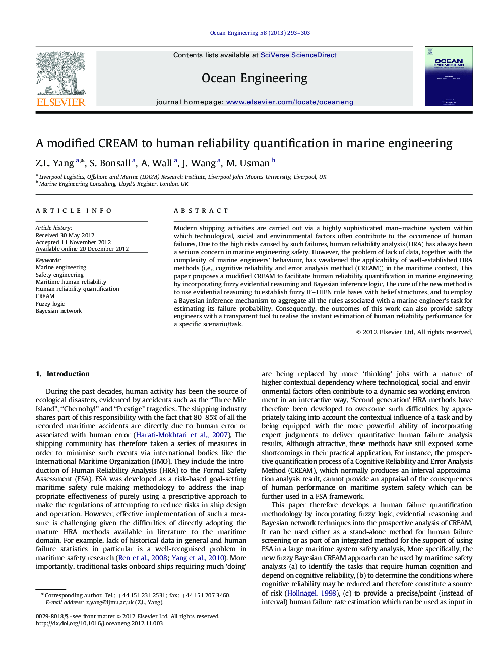 A modified CREAM to human reliability quantification in marine engineering