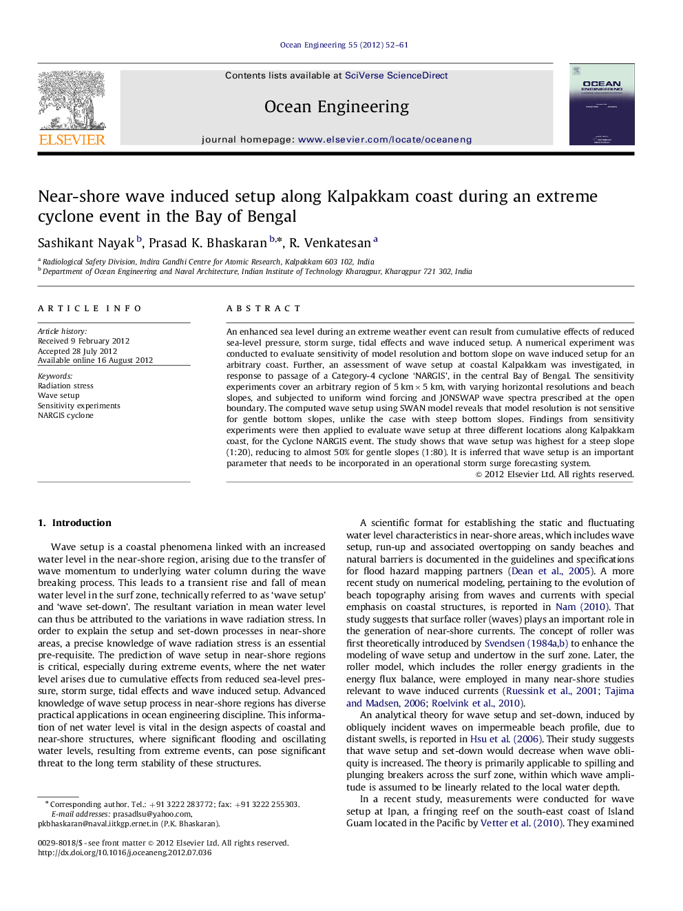 Near-shore wave induced setup along Kalpakkam coast during an extreme cyclone event in the Bay of Bengal