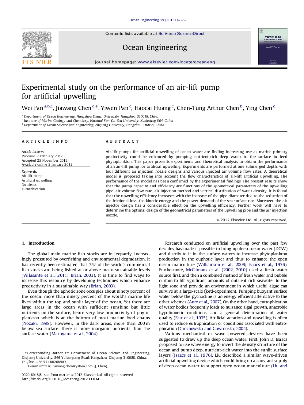 Experimental study on the performance of an air-lift pump for artificial upwelling