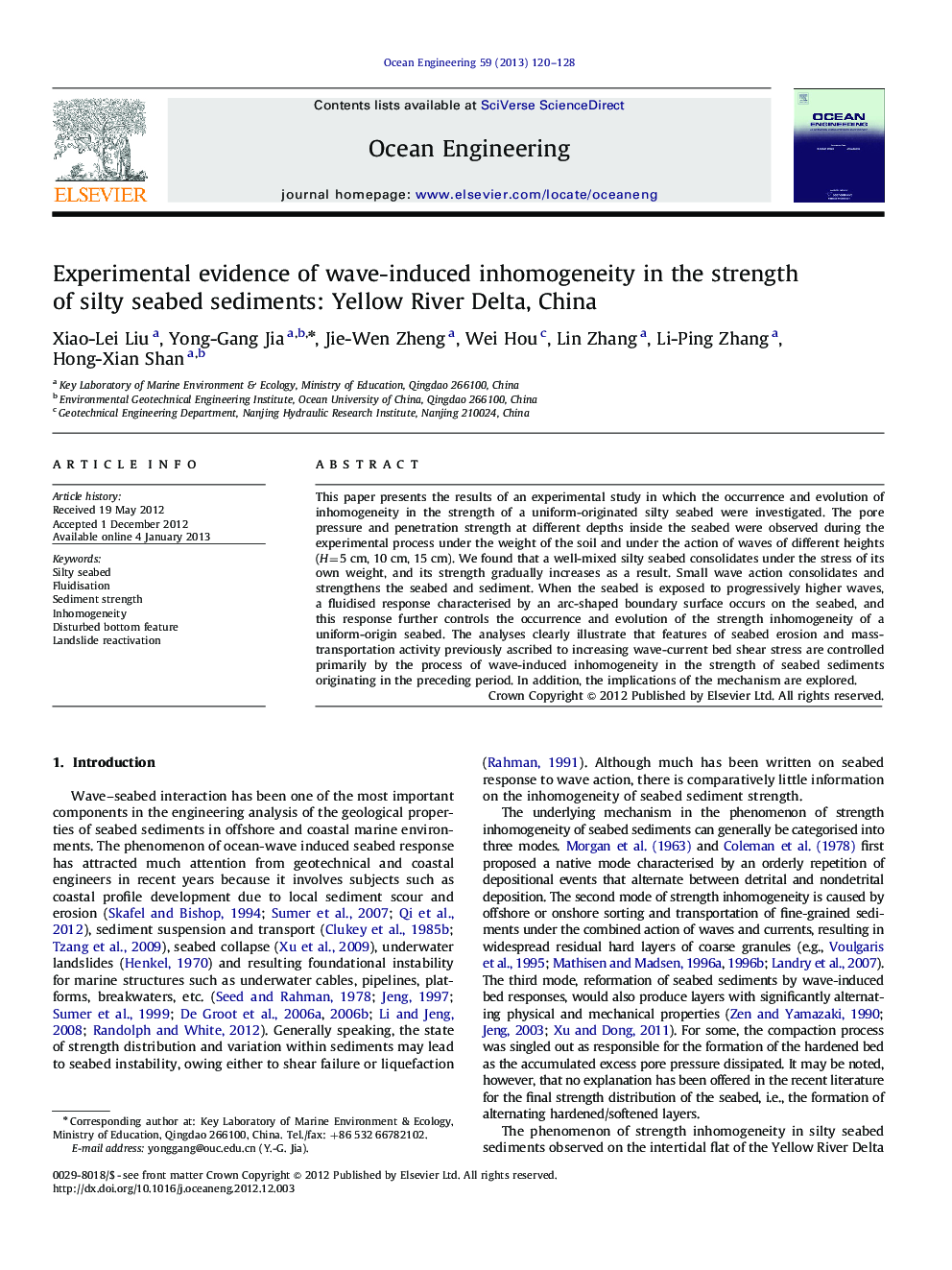 Experimental evidence of wave-induced inhomogeneity in the strength of silty seabed sediments: Yellow River Delta, China