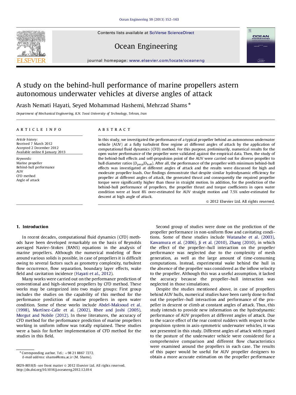 A study on the behind-hull performance of marine propellers astern autonomous underwater vehicles at diverse angles of attack