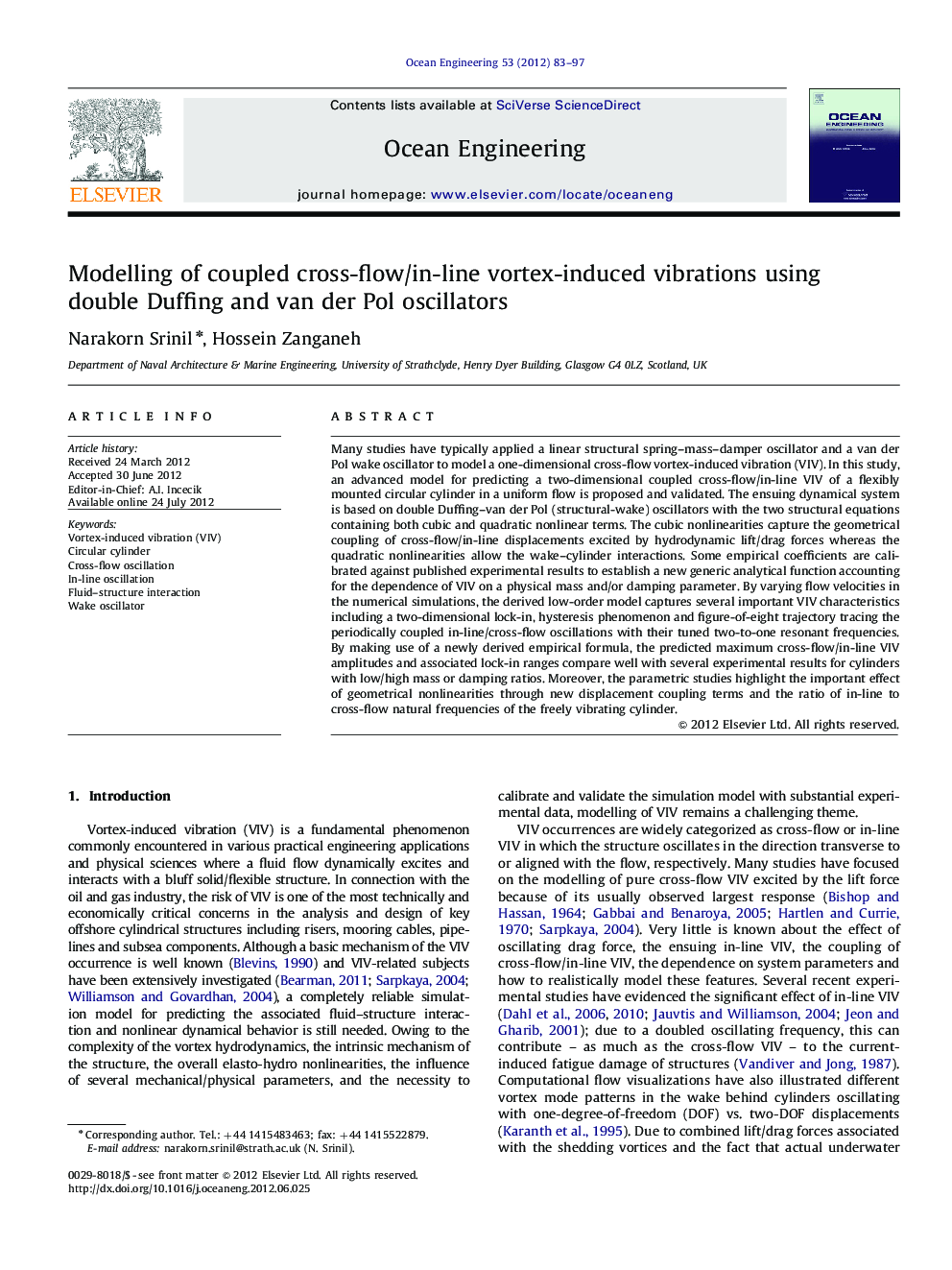 Modelling of coupled cross-flow/in-line vortex-induced vibrations using double Duffing and van der Pol oscillators