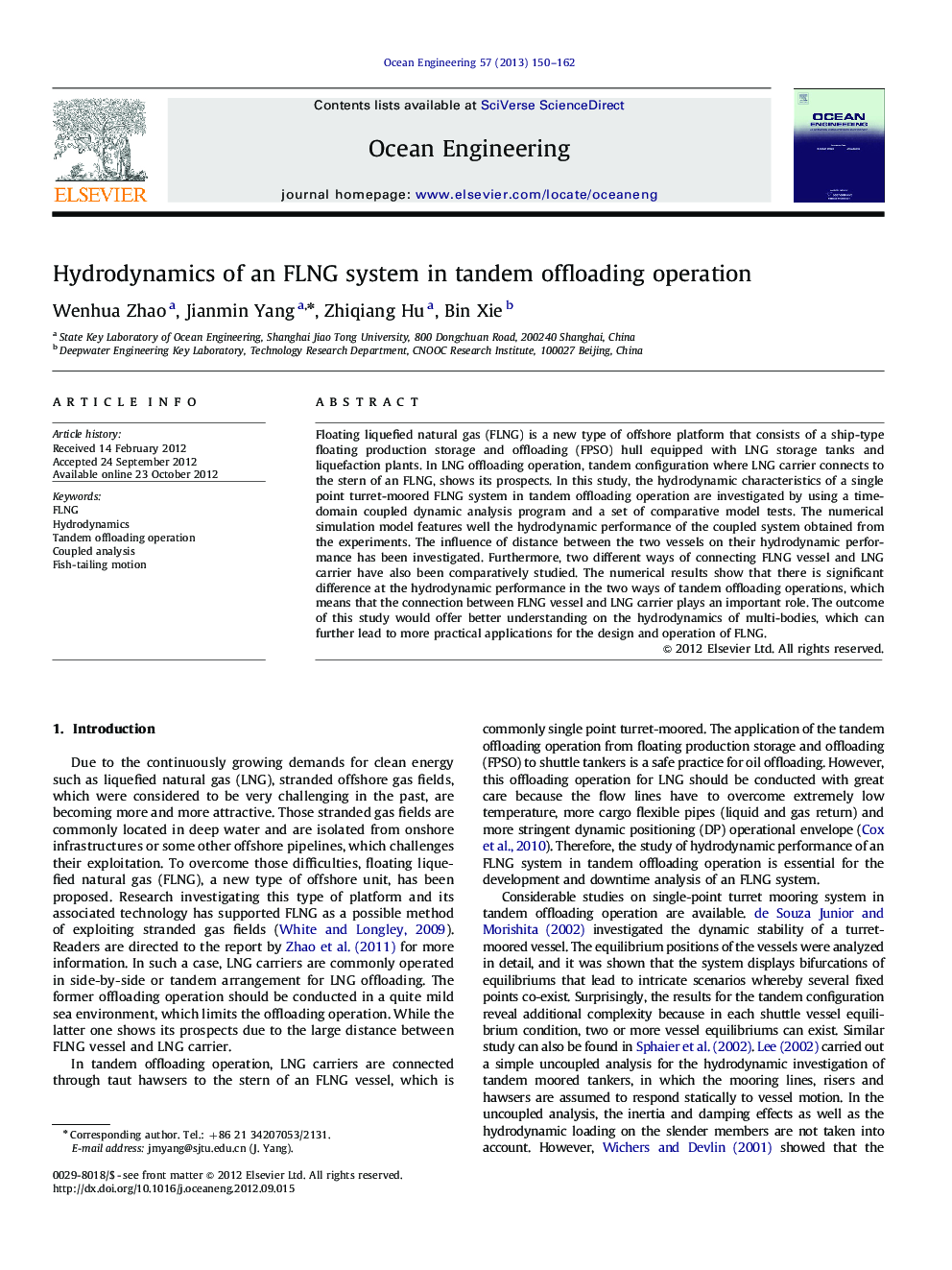 Hydrodynamics of an FLNG system in tandem offloading operation