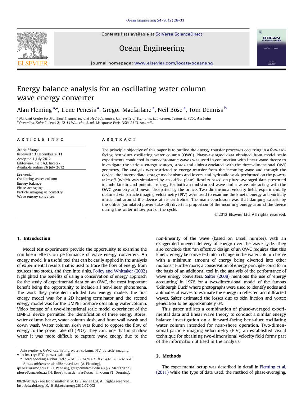 Energy balance analysis for an oscillating water column wave energy converter