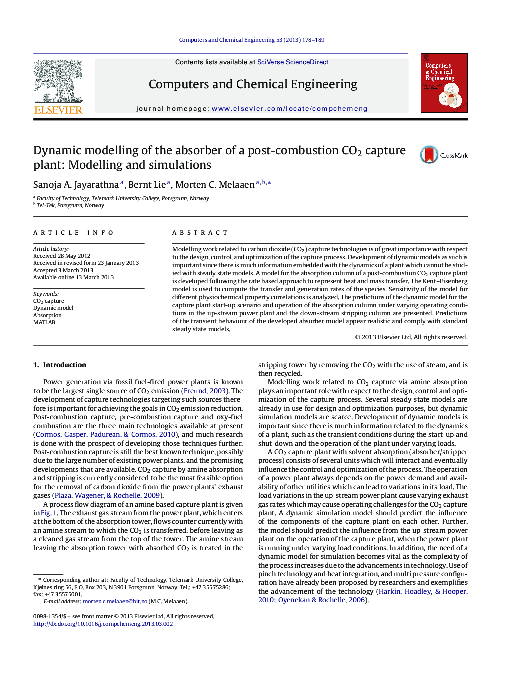 Dynamic modelling of the absorber of a post-combustion CO2 capture plant: Modelling and simulations