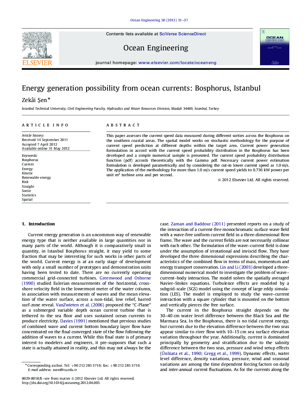 Energy generation possibility from ocean currents: Bosphorus, Istanbul