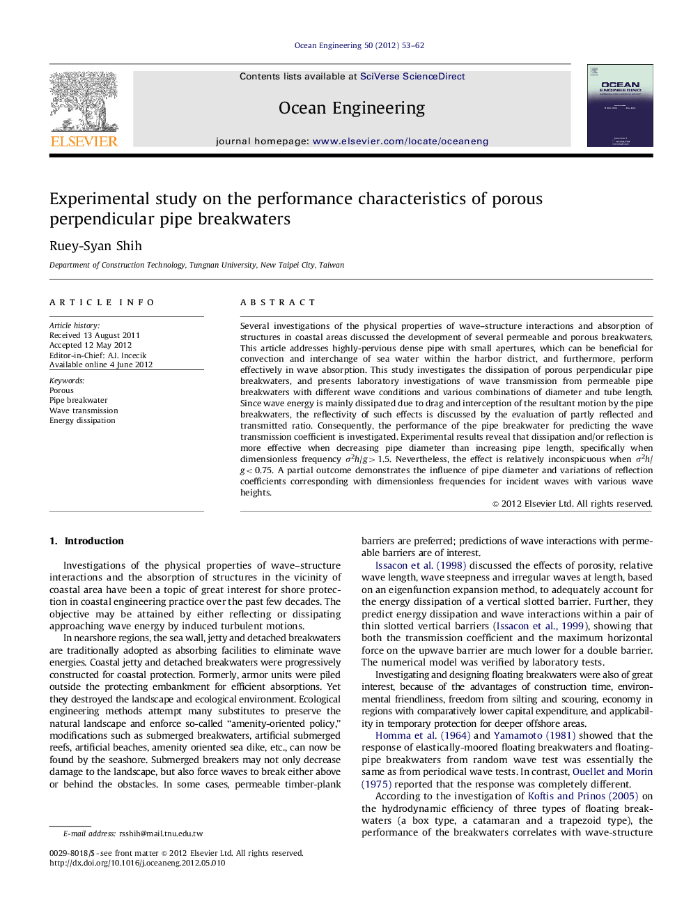 Experimental study on the performance characteristics of porous perpendicular pipe breakwaters