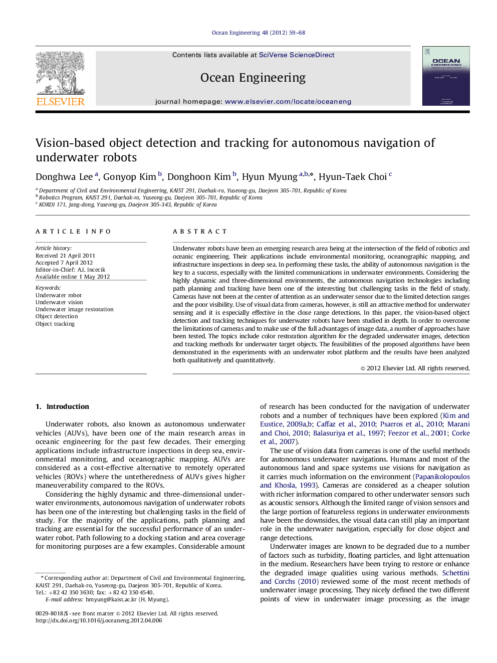 Vision-based object detection and tracking for autonomous navigation of underwater robots