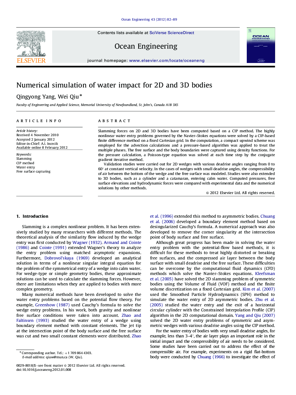 Numerical simulation of water impact for 2D and 3D bodies