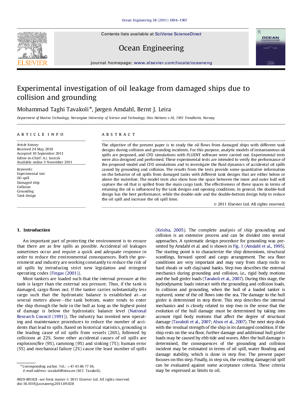 Experimental investigation of oil leakage from damaged ships due to collision and grounding