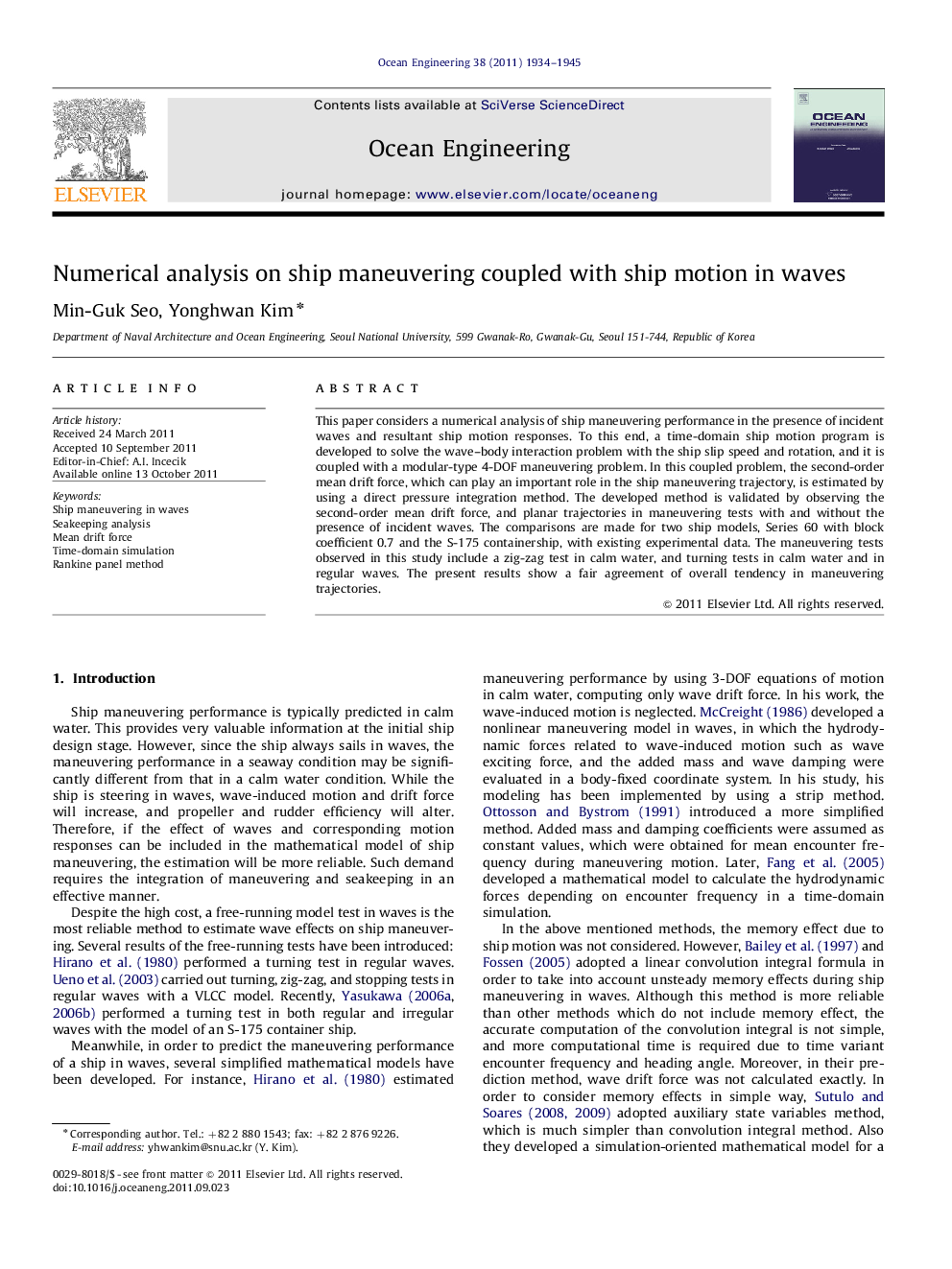 Numerical analysis on ship maneuvering coupled with ship motion in waves