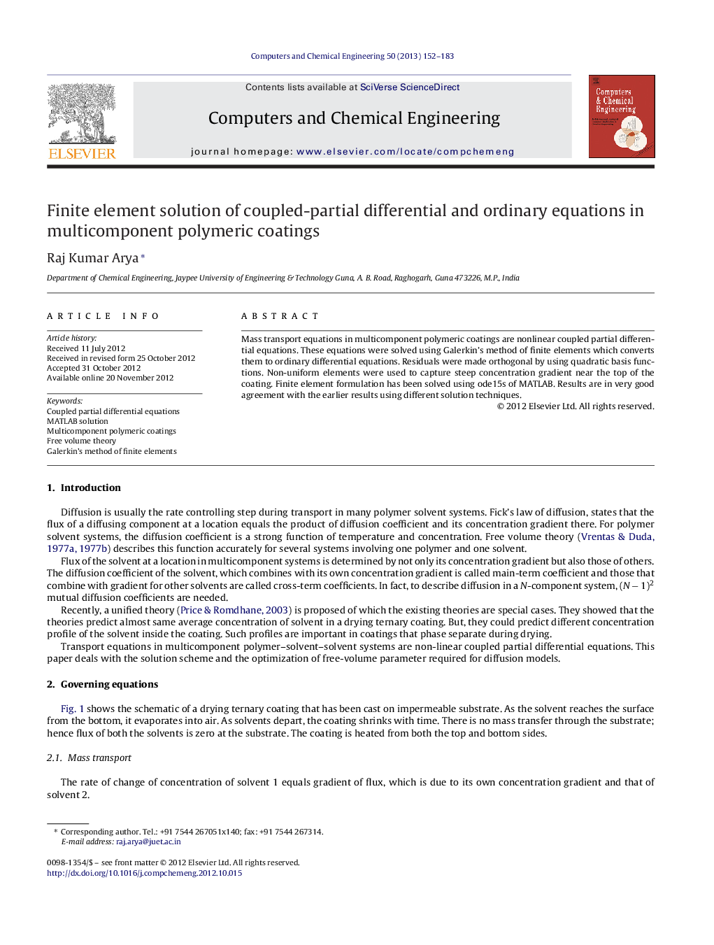 Finite element solution of coupled-partial differential and ordinary equations in multicomponent polymeric coatings