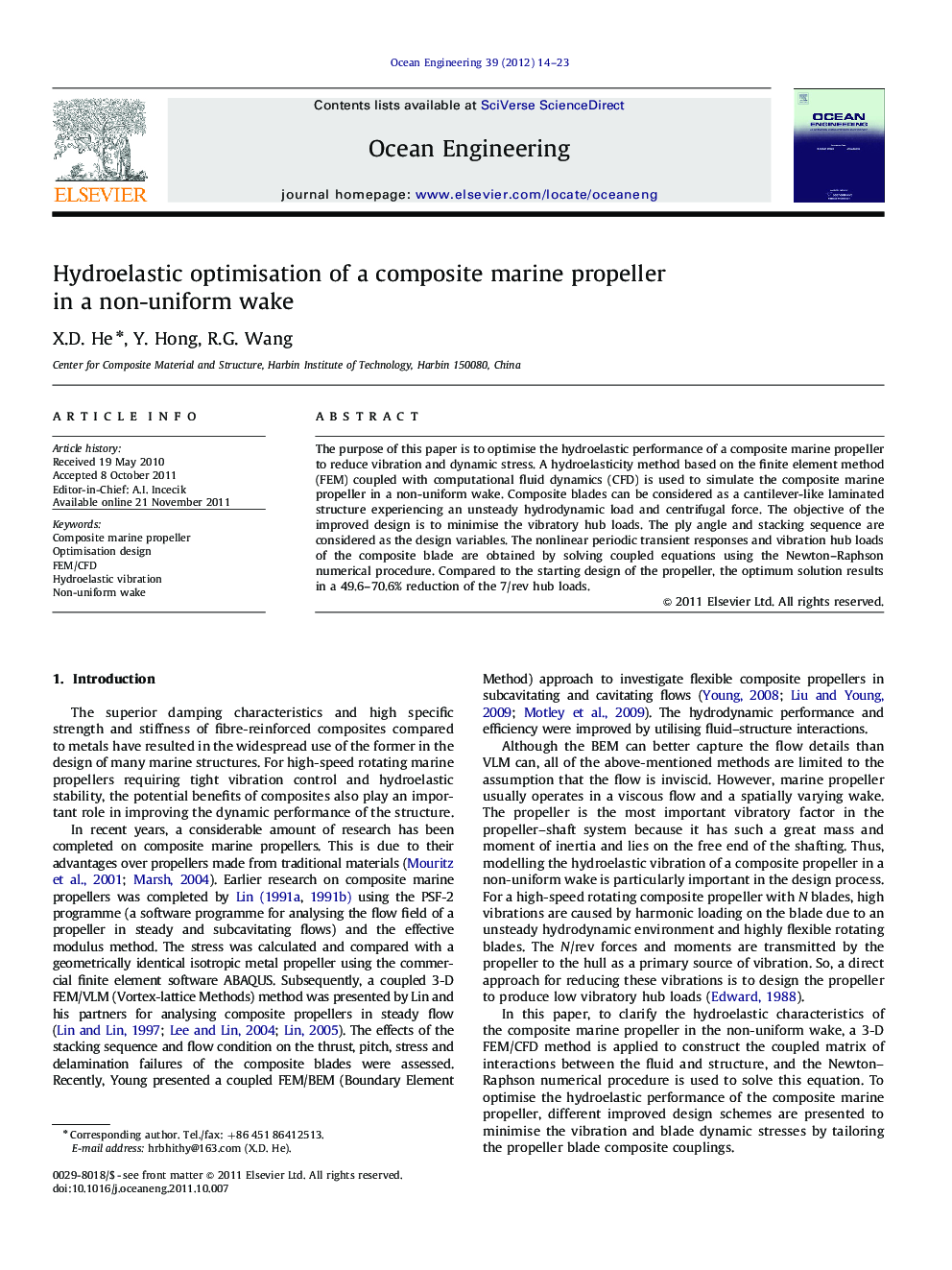 Hydroelastic optimisation of a composite marine propeller in a non-uniform wake