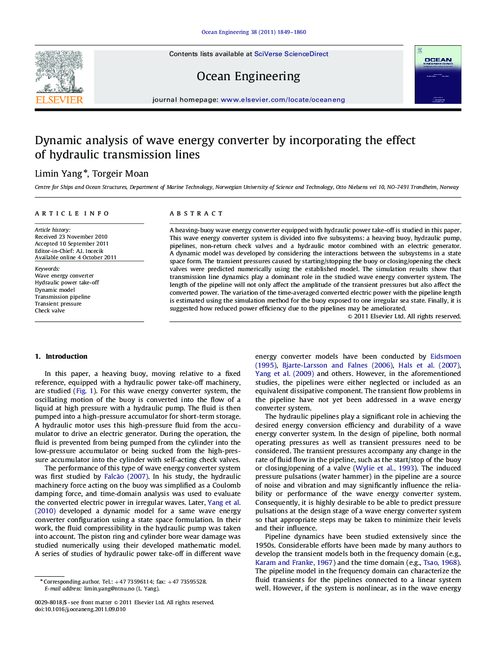 Dynamic analysis of wave energy converter by incorporating the effect of hydraulic transmission lines