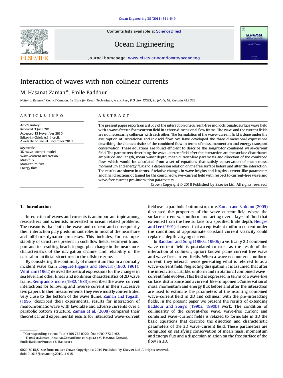 Interaction of waves with non-colinear currents