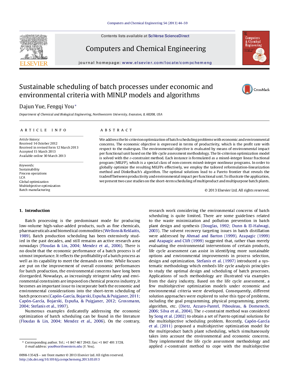 Sustainable scheduling of batch processes under economic and environmental criteria with MINLP models and algorithms