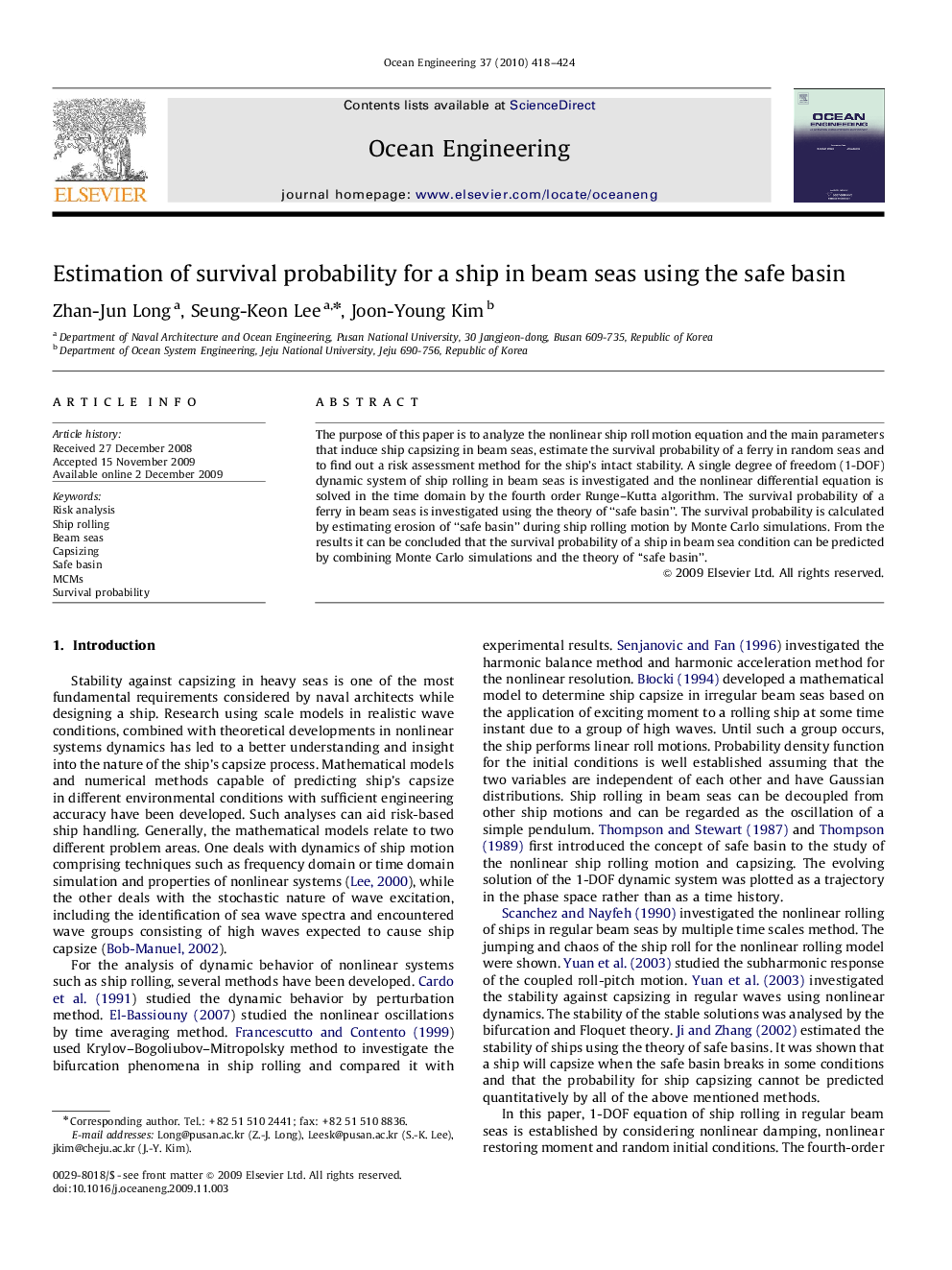 Estimation of survival probability for a ship in beam seas using the safe basin