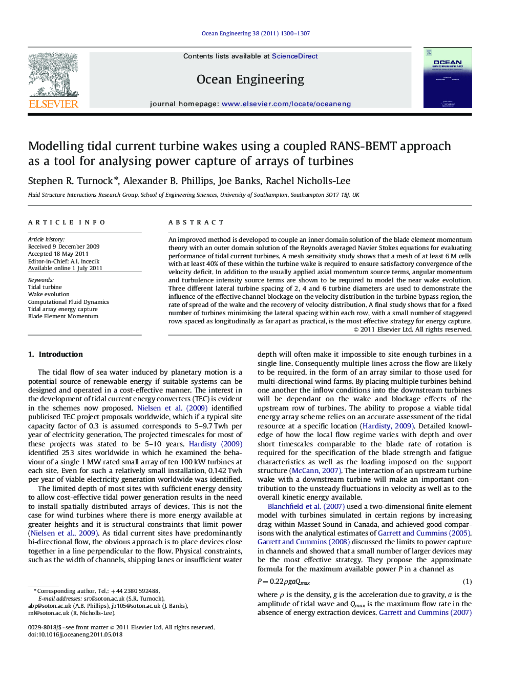 Modelling tidal current turbine wakes using a coupled RANS-BEMT approach as a tool for analysing power capture of arrays of turbines