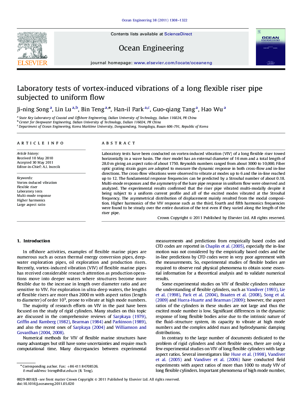 عکس صفحه اول مقاله: Laboratory tests of vortex-induced vibrations of a long flexible riser pipe subjected to uniform flow Laboratory tests of vortex-induced vibrations of a long flexible riser pipe subjected to uniform flow