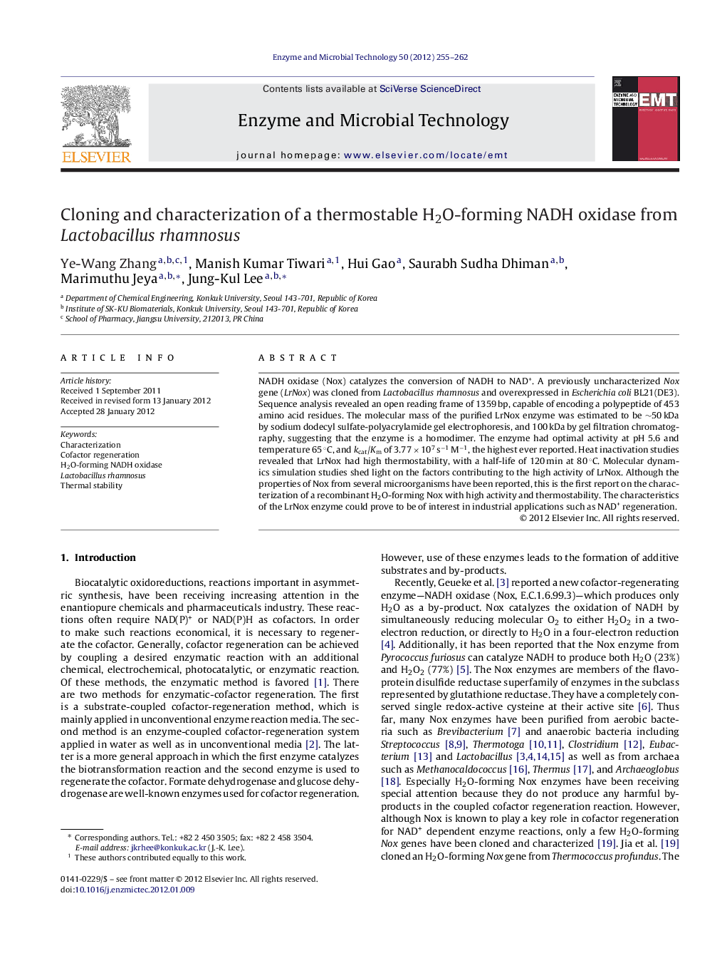 Cloning and characterization of a thermostable H2O-forming NADH oxidase from Lactobacillus rhamnosus