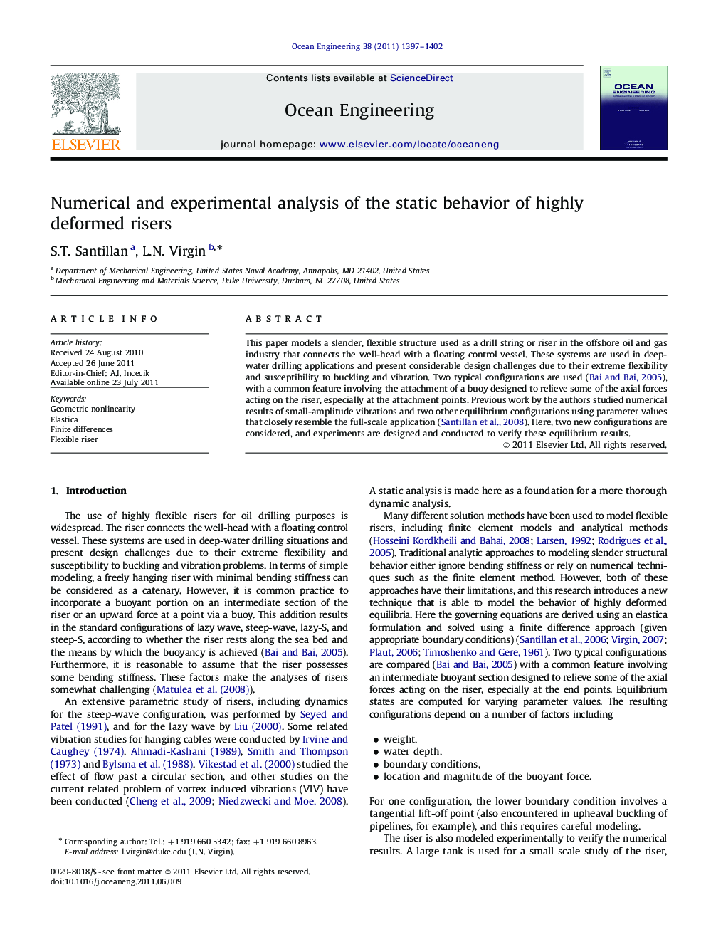 عکس صفحه اول مقاله: Numerical and experimental analysis of the static behavior of highly deformed risers Numerical and experimental analysis of the static behavior of highly deformed risers
