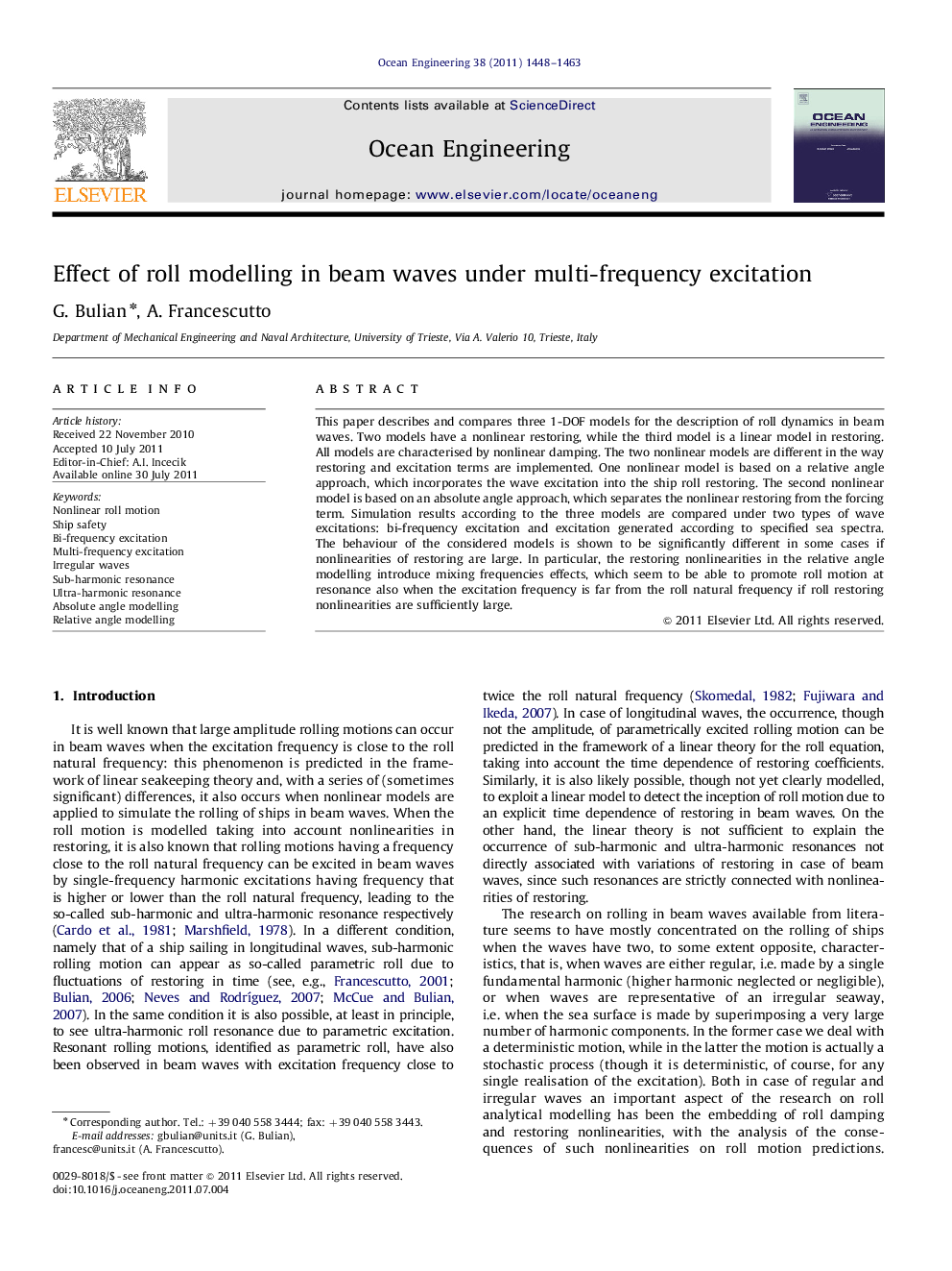 Effect of roll modelling in beam waves under multi-frequency excitation