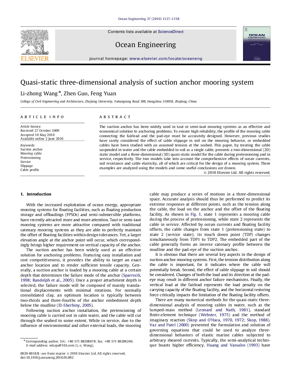 Quasi-static three-dimensional analysis of suction anchor mooring system