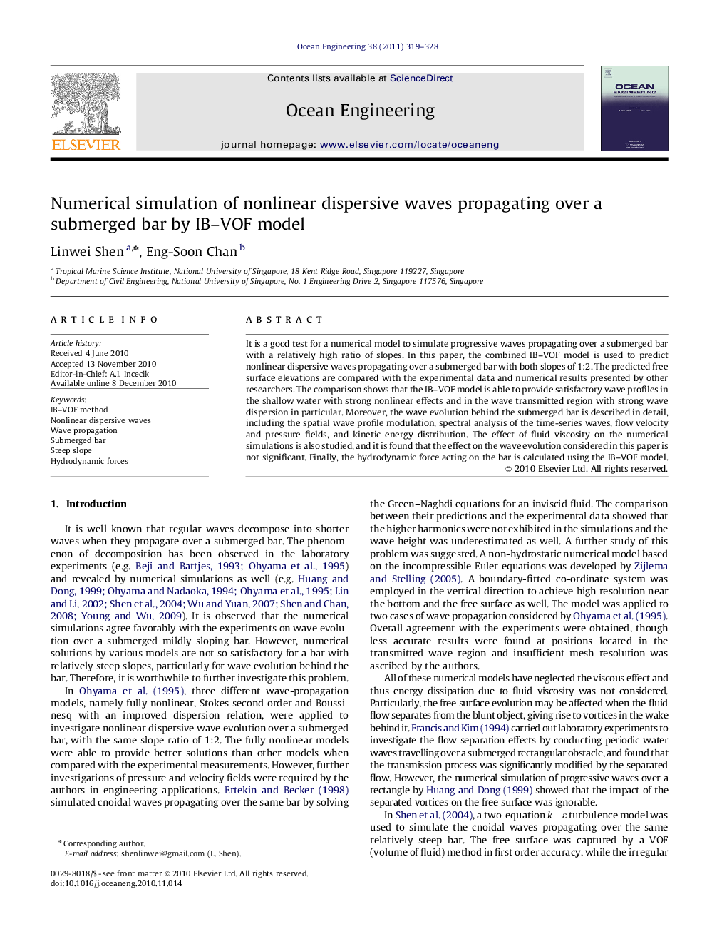 Numerical simulation of nonlinear dispersive waves propagating over a submerged bar by IB-VOF model