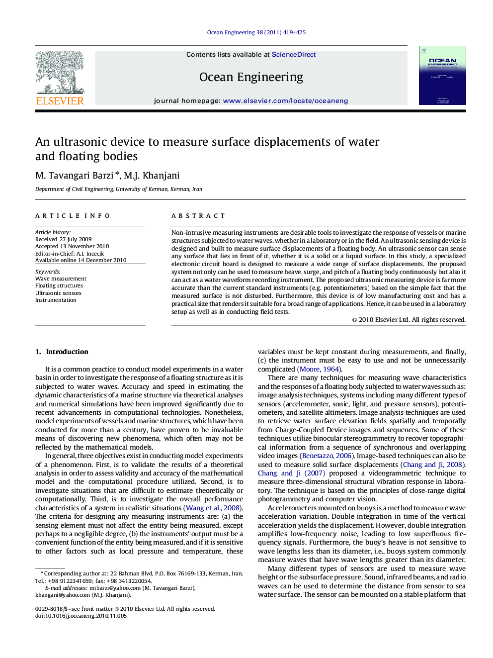 An ultrasonic device to measure surface displacements of water and floating bodies