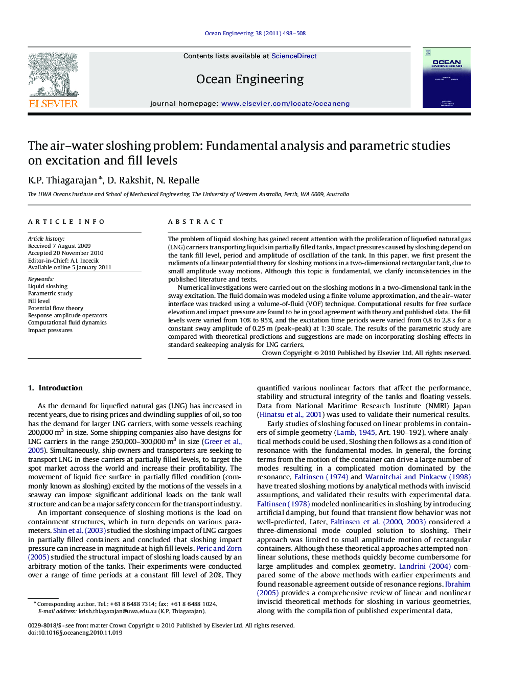 The air–water sloshing problem: Fundamental analysis and parametric studies on excitation and fill levels