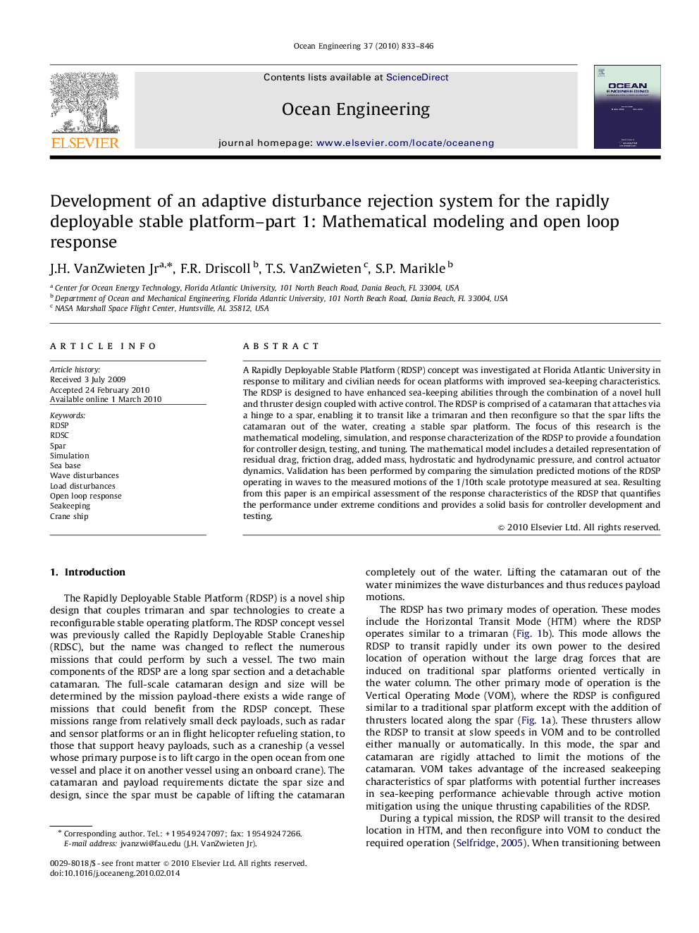 Development of an adaptive disturbance rejection system for the rapidly deployable stable platform–part 1: Mathematical modeling and open loop response