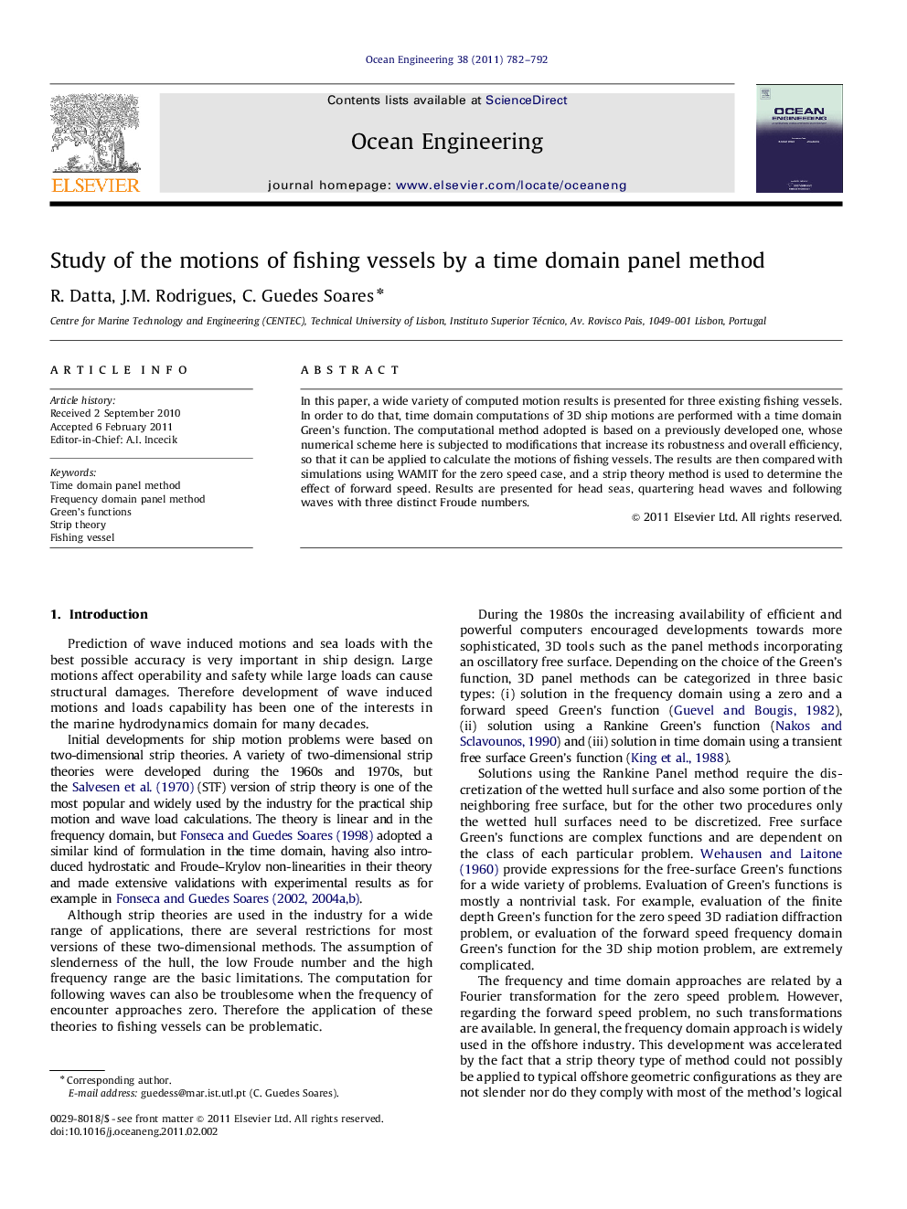 Study of the motions of fishing vessels by a time domain panel method