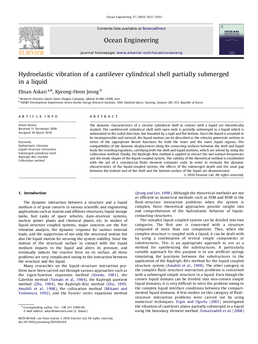 Hydroelastic vibration of a cantilever cylindrical shell partially submerged in a liquid