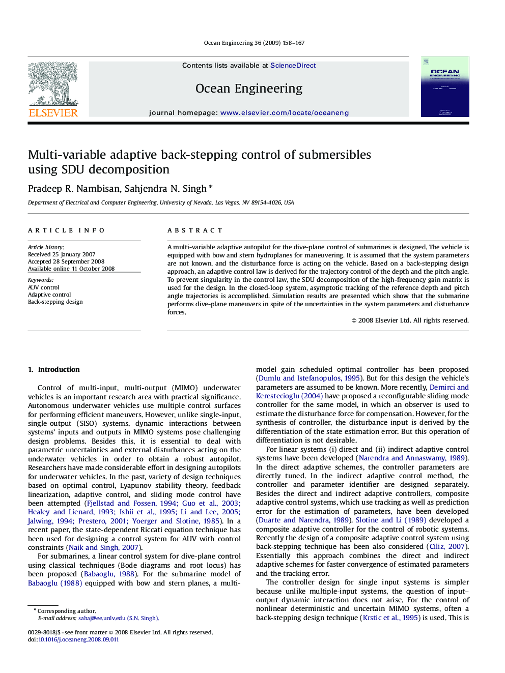 Multi-variable adaptive back-stepping control of submersibles using SDU decomposition