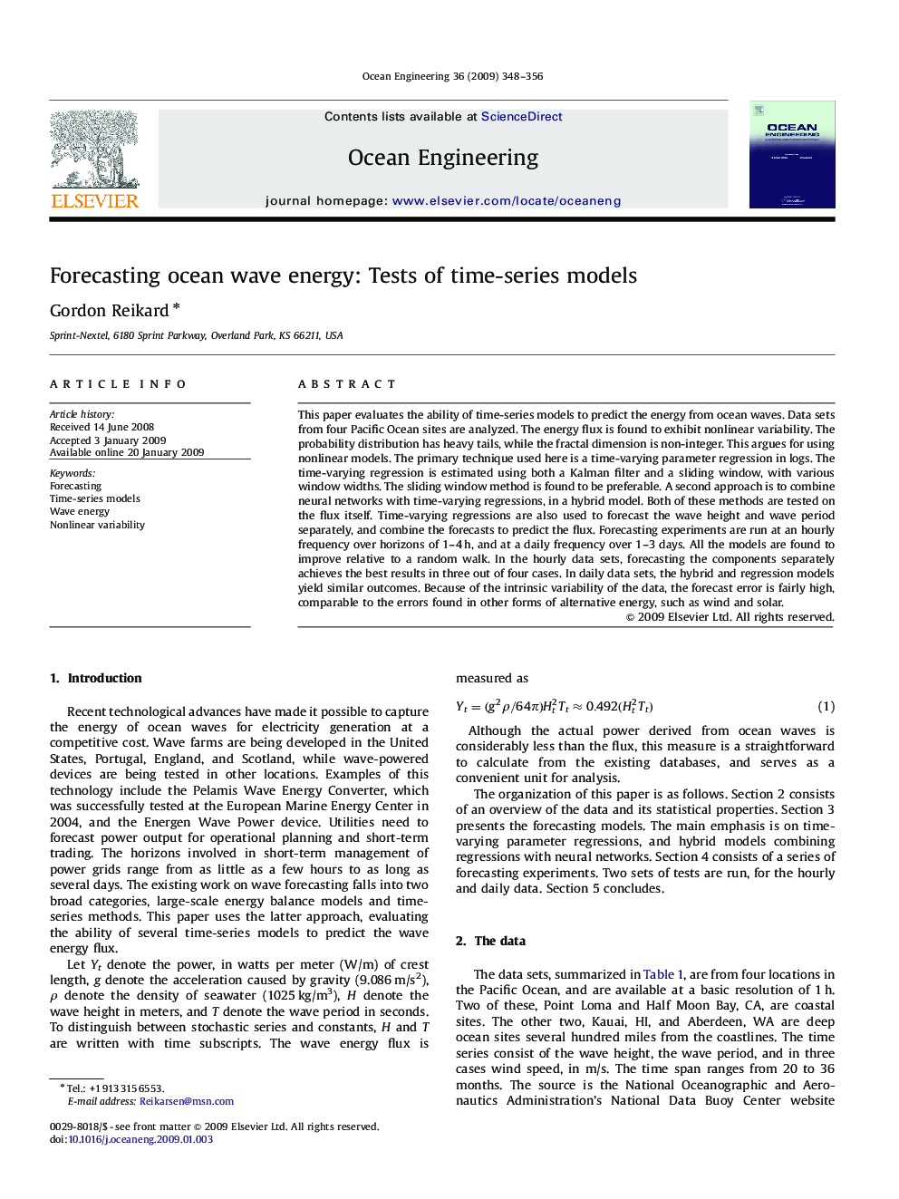 Forecasting ocean wave energy: Tests of time-series models