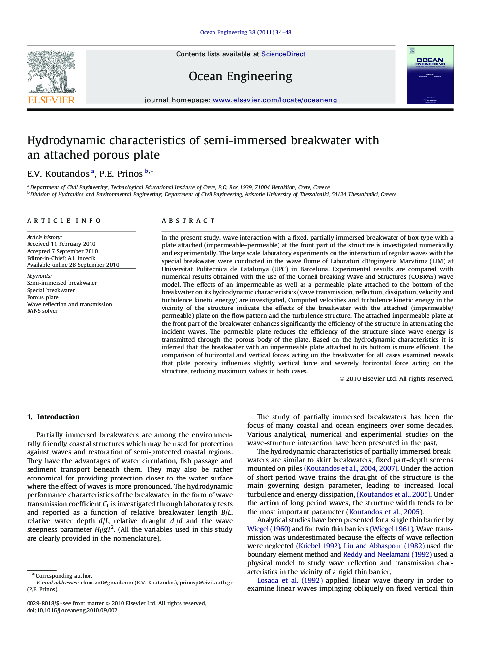 Hydrodynamic characteristics of semi-immersed breakwater with an attached porous plate