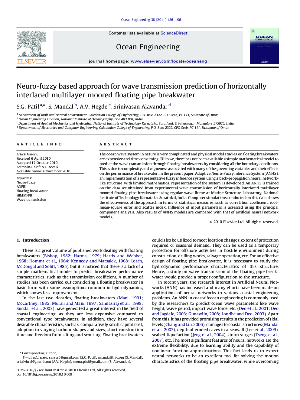 Neuro-fuzzy based approach for wave transmission prediction of horizontally interlaced multilayer moored floating pipe breakwater