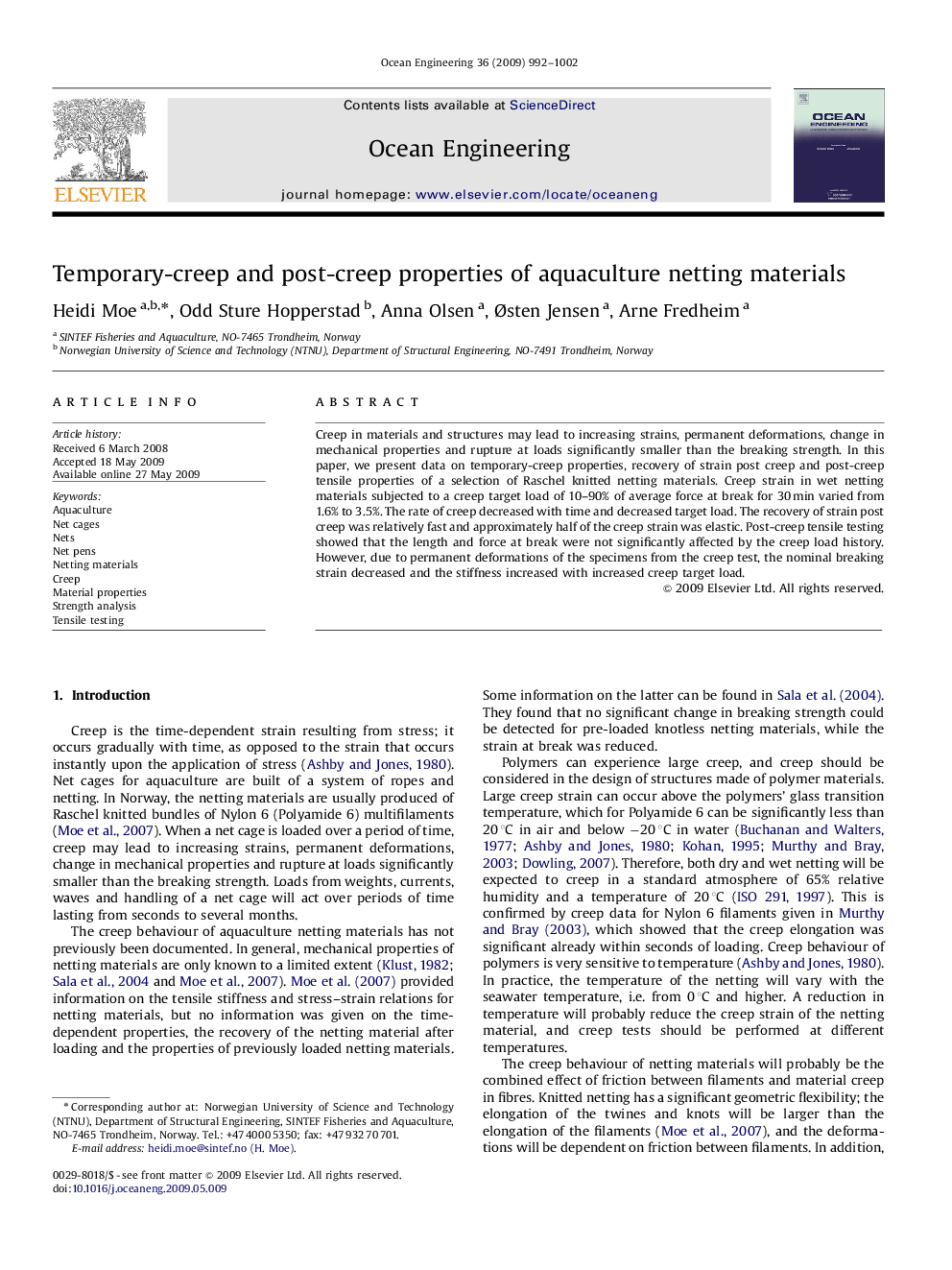 Temporary-creep and post-creep properties of aquaculture netting materials